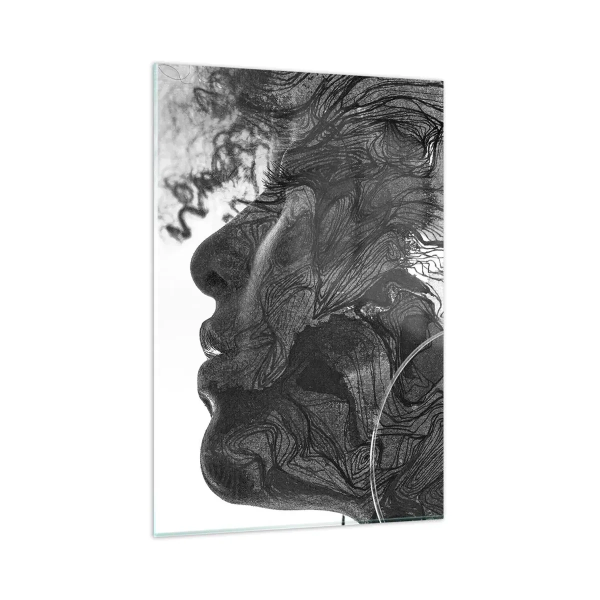 Quadro su vetro - Volto astratto in bianco e nero con linee dinamiche. - 80x120cm - Aggrovigliata nei sogni - Decorazione murale moderna per soggiorno e camera da letto ARTTOR