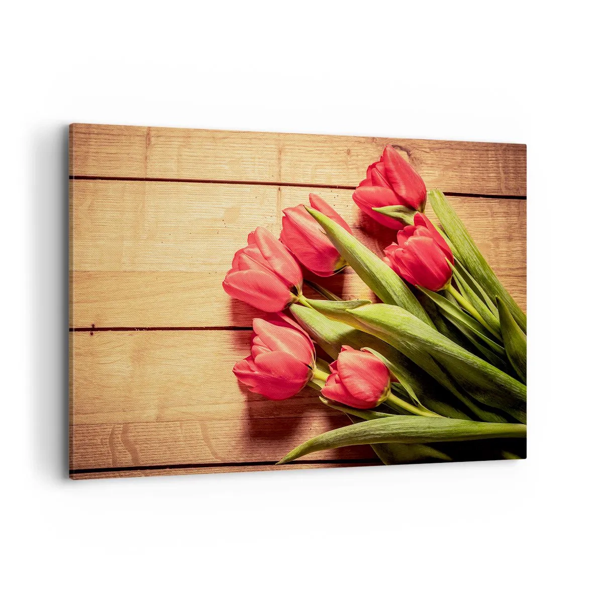 Quadro su tela - Stampe su Tela - Un mazzo di tulipani rosa su uno sfondo di legno - 120x80cm - Confessione primaverile - Decorazione murale moderna per soggiorno e camera da letto ARTTOR