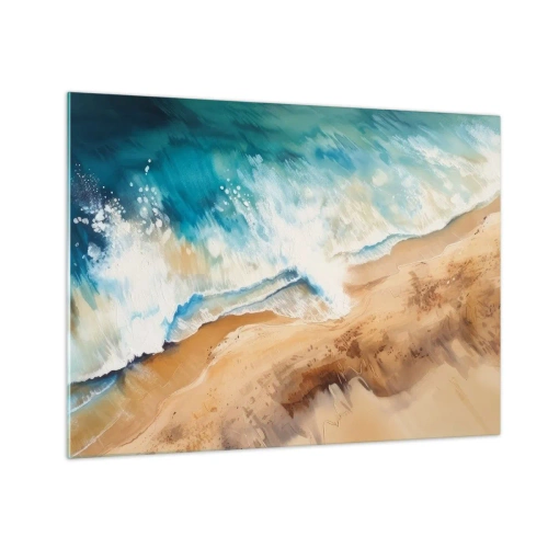 Quadro su vetro - Vista dall'alto di un'onda blu del mare che si infrange contro una riva sabbiosa - 70x50cm - L'onda che ritorna - Decorazione murale moderna per soggiorno e camera da letto ARTTOR