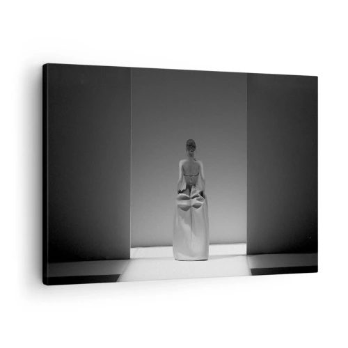 Quadro su tela - Stampe su Tela - Un dipinto in bianco e nero con una scena minimalista di una donna in uno spazio geometrico. - 70x50cm - Semplicità raffinata - Decorazione murale moderna per soggiorno e camera da letto ARTTOR