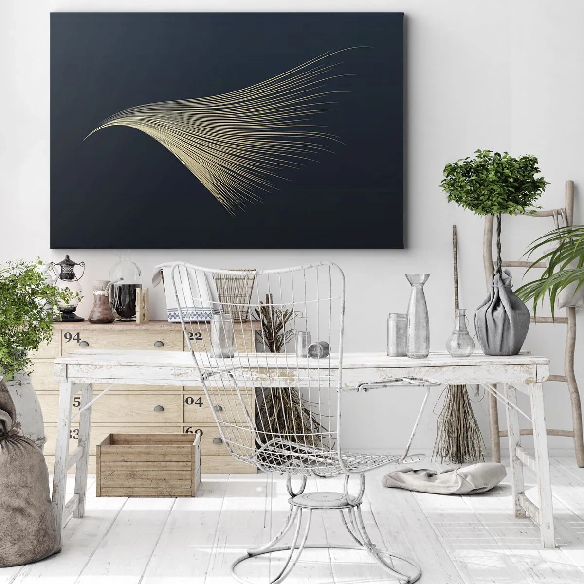 Quadro su tela - Stampe su Tela - Una delicata linea simile a una piuma su uno sfondo blu navy - 70x50cm - Come un capello d'angelo - Decorazione murale moderna per soggiorno e camera da letto ARTTOR