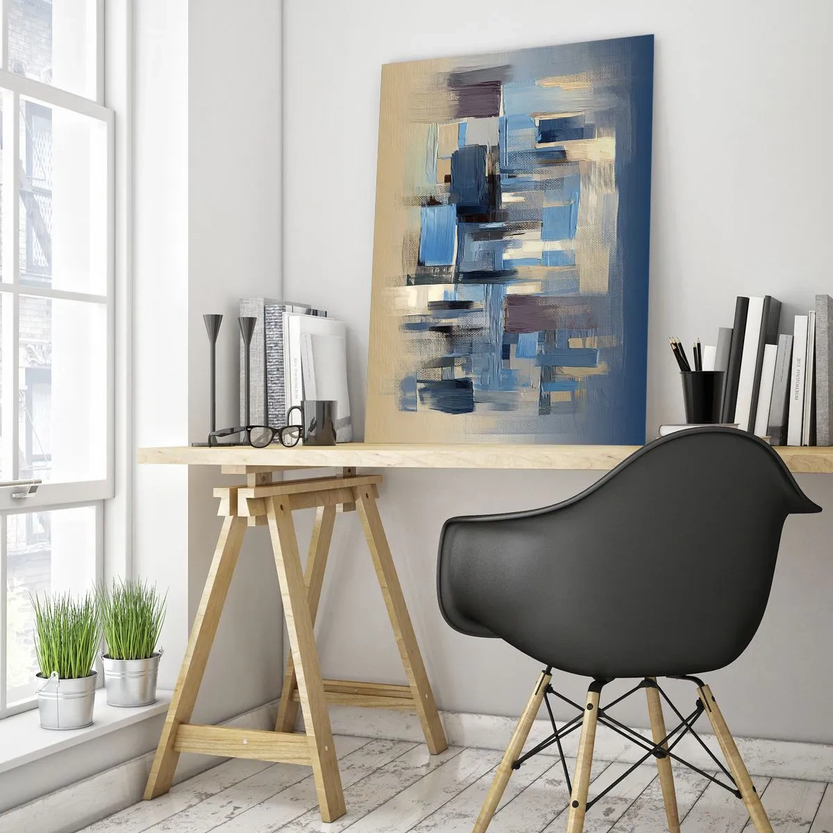 Quadro su vetro - Forme geometriche nei toni del blu e del beige - 80x120cm - Struttura blu - Decorazione murale moderna per soggiorno e camera da letto ARTTOR