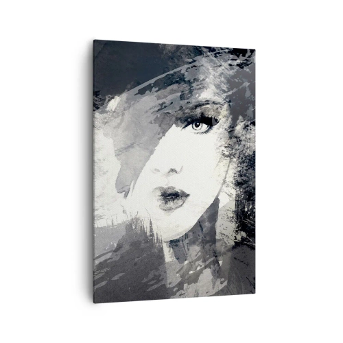 Quadro su tela - Stampe su Tela - Un ritratto astratto di una donna in tonalità di grigio con delicati accenti. - 70x100cm - Dietro un velo grigio - Decorazione murale moderna per soggiorno e camera da letto ARTTOR