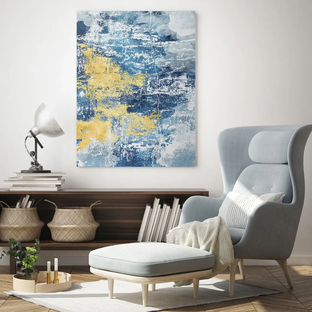 Quadro su vetro - Astrazione nei toni del blu e del giallo - 80x120cm - Astrazione piena di ottimismo - Decorazione murale moderna per soggiorno e camera da letto ARTTOR