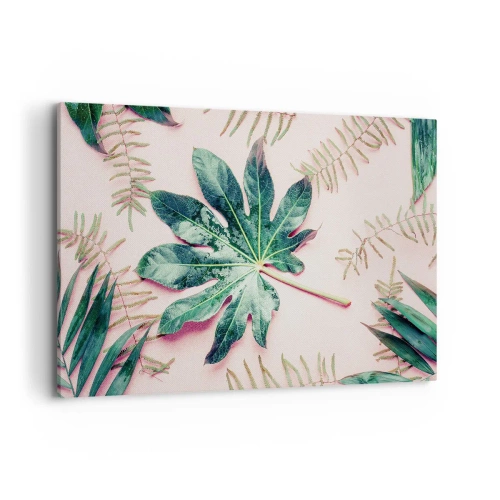Quadro su tela - Stampe su Tela - Foglie tropicali su uno sfondo pastello chiaro - 120x80cm - Studio di verde su sfondo rosa - Decorazione murale moderna per soggiorno e camera da letto ARTTOR