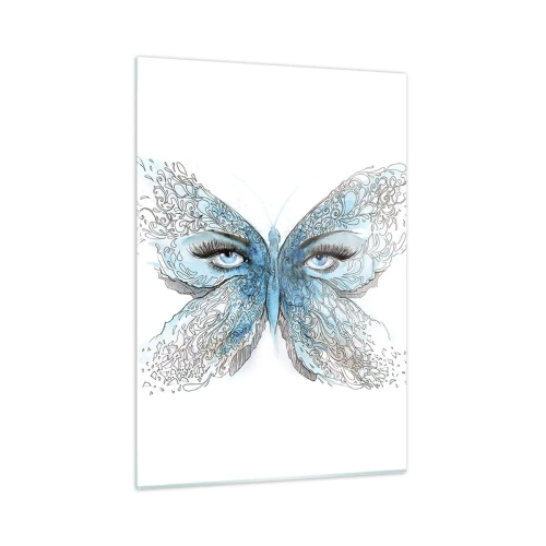 Quadro su vetro - Una farfalla con ali blu e occhi umani in stile artistico. - 50x70cm - Argo azzurro - Decorazione murale moderna per soggiorno e camera da letto ARTTOR
