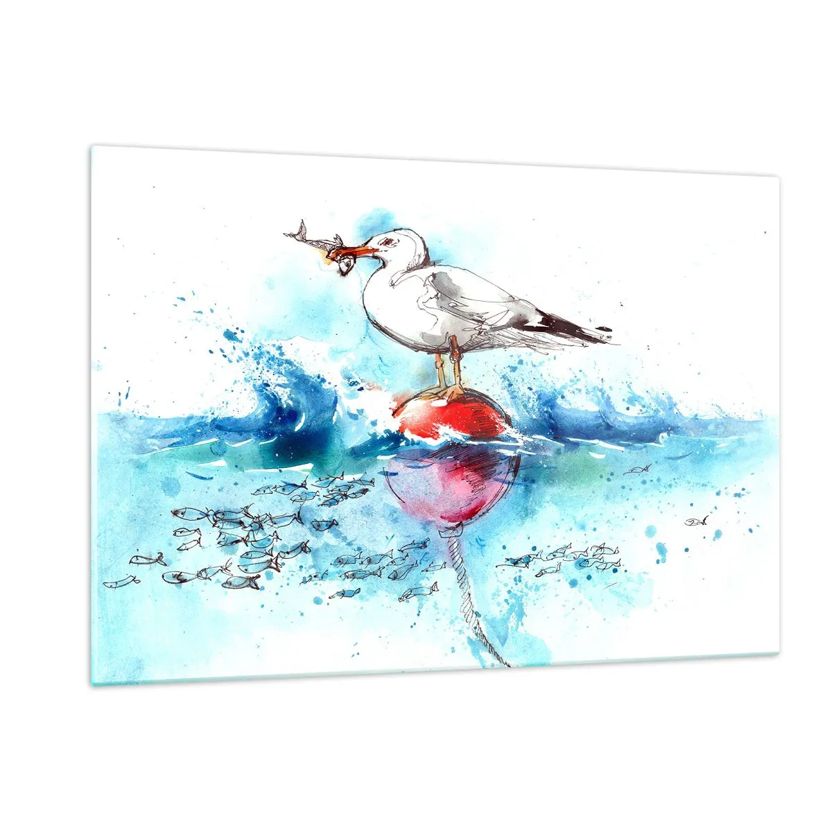Quadro su vetro - Un gabbiano su una boa con un pesce sullo sfondo delle onde del mare - 120x80cm - Buona pesca - Decorazione murale moderna per soggiorno e camera da letto ARTTOR