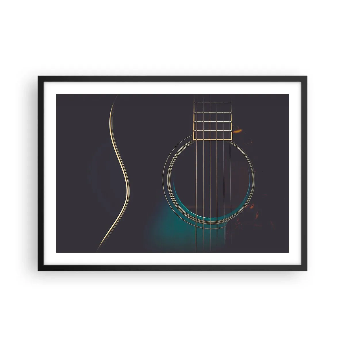 Poster in cornice nera - Chitarra acustica in una luce scura ed elegante - 70x50cm - L'attimo prima del suono - Decorazione murale moderna per soggiorno e camera da letto ARTTOR