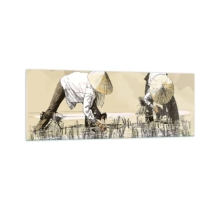 Quadro su vetro - Contadini che lavorano in una risaia indossando copricapi tradizionali - 140x50cm - Buon raccolto - Decorazione murale moderna per soggiorno e camera da letto ARTTOR