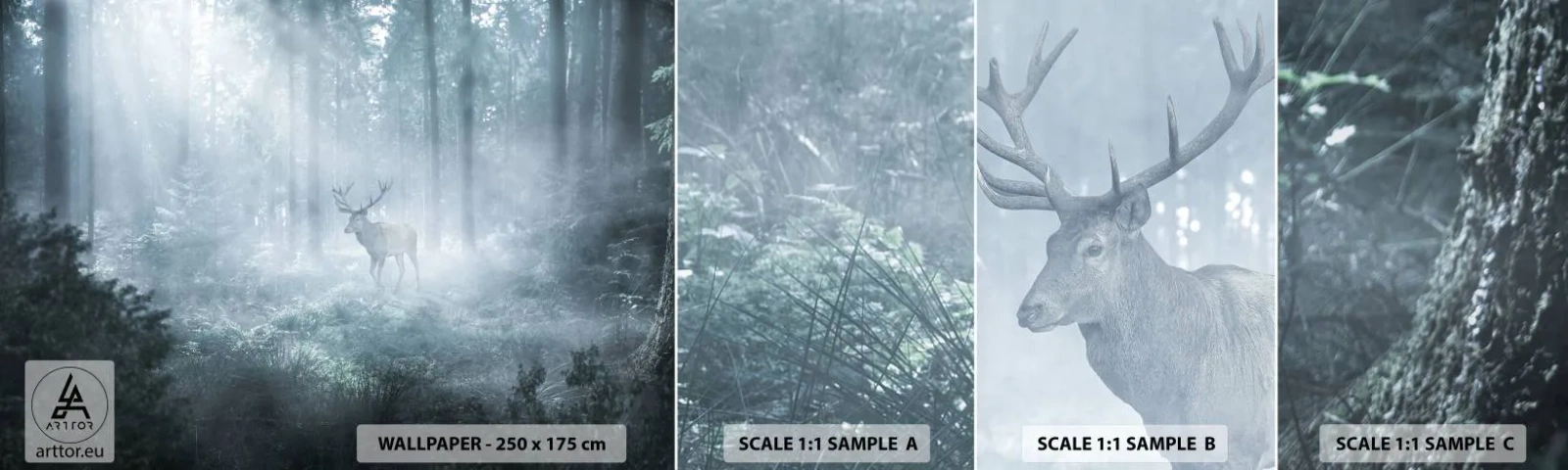 Campione di Fotomurale Adesivo Deluxe Sticker - Passeggiata mattutina sulle sue terre - Paesaggio, foresta, Cervo - 100x30 cm
