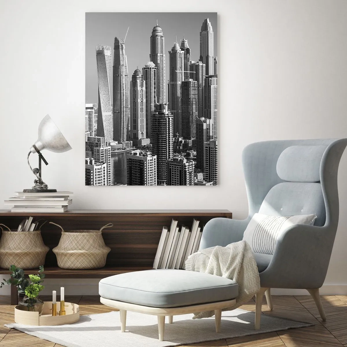 Quadro su vetro - Panorama di grattacieli moderni in toni monocromatici - 80x120cm - La città sul deserto - Decorazione murale moderna per soggiorno e camera da letto ARTTOR