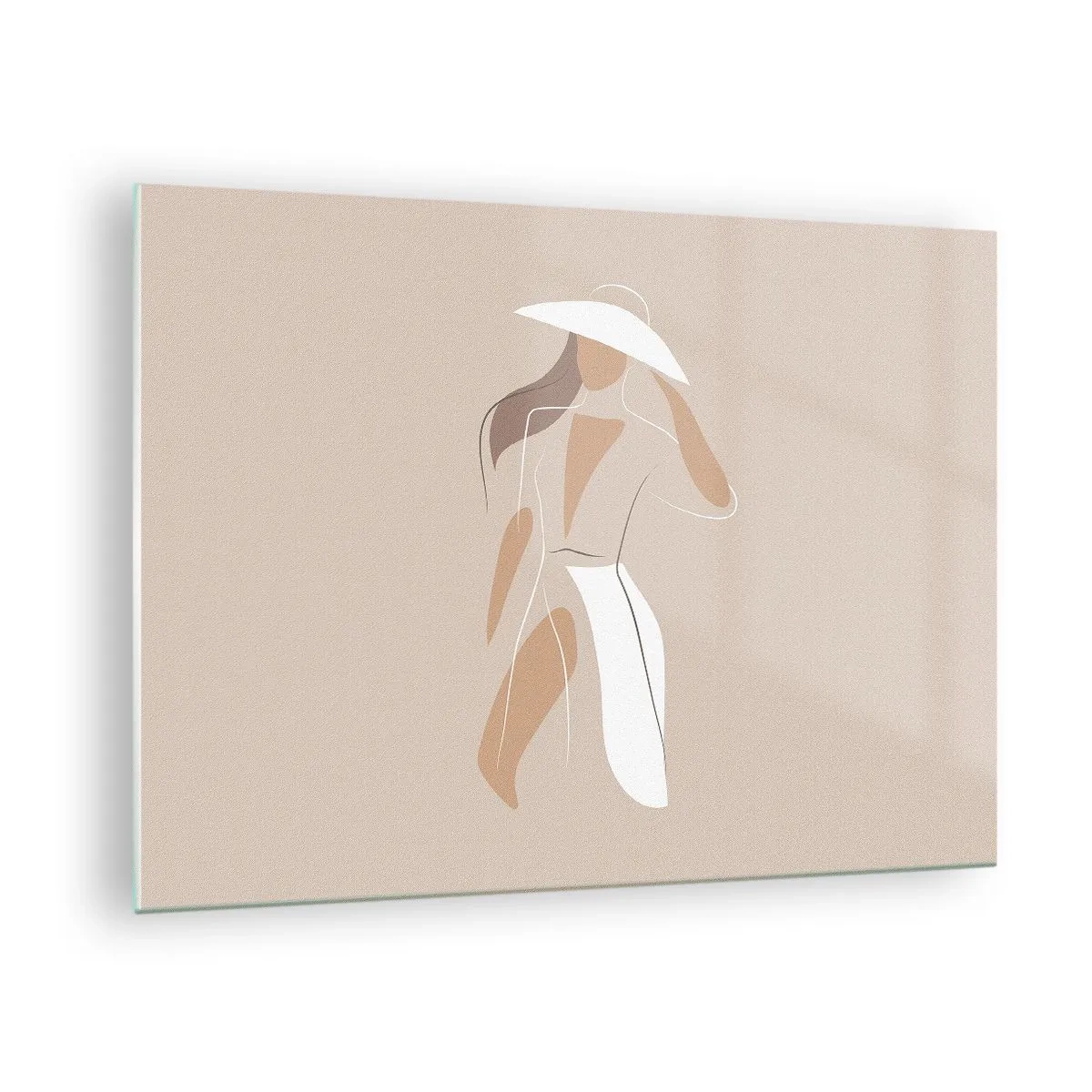 Quadro su vetro - Figura stilizzata di una donna con un cappello bianco - 70x50cm - La moda è un gioco - Decorazione murale moderna per soggiorno e camera da letto ARTTOR