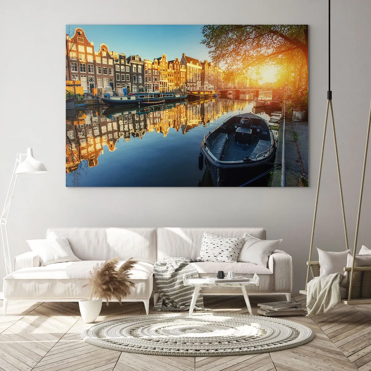 Quadro su vetro - Canale di Amsterdam al tramonto - 120x80cm - L'alba ad Amsterdam - Decorazione murale moderna per soggiorno e camera da letto ARTTOR