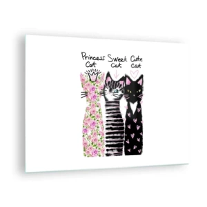 Quadro su vetro - Tre adorabili gatti in stile artistico con iscrizioni su sfondo bianco - 70x50cm - C'erano una volta tre gattini - Decorazione murale moderna per soggiorno e camera da letto ARTTOR