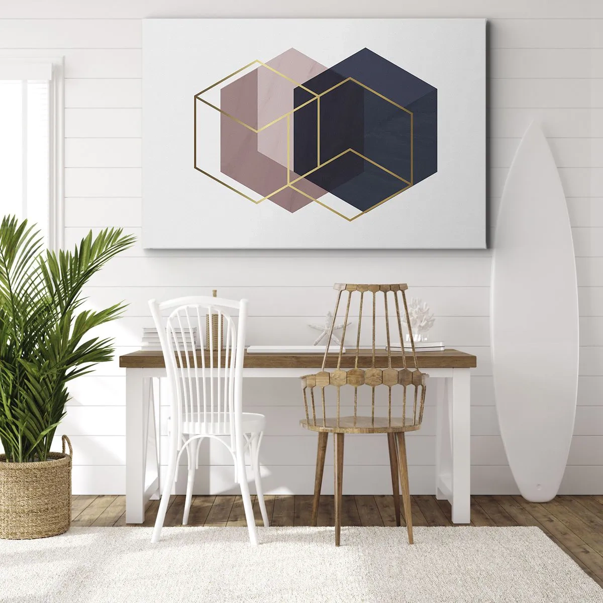 Quadro su tela - Stampe su Tela - Forme geometriche in linee dorate su uno sfondo pastello - 70x50cm - La forza della semplicità - Decorazione murale moderna per soggiorno e camera da letto ARTTOR