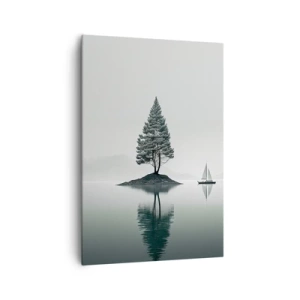 Quadro su tela - Stampe su Tela - Un paesaggio minimalista con un albero su un'isola e una barca a vela. - 70x100cm - Paesaggio onirico - Decorazione murale moderna per soggiorno e camera da letto ARTTOR