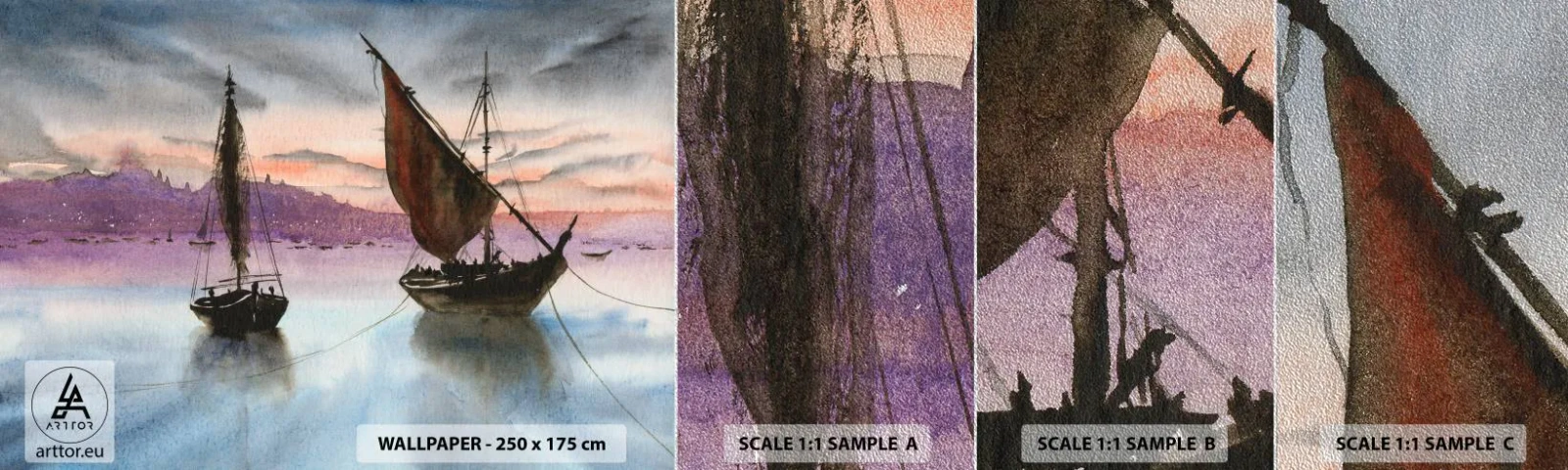 Campione di Fotomurale Premium Sand - La sera nel porto - Barche a vela, Mare, Paesaggio - 100x30 cm