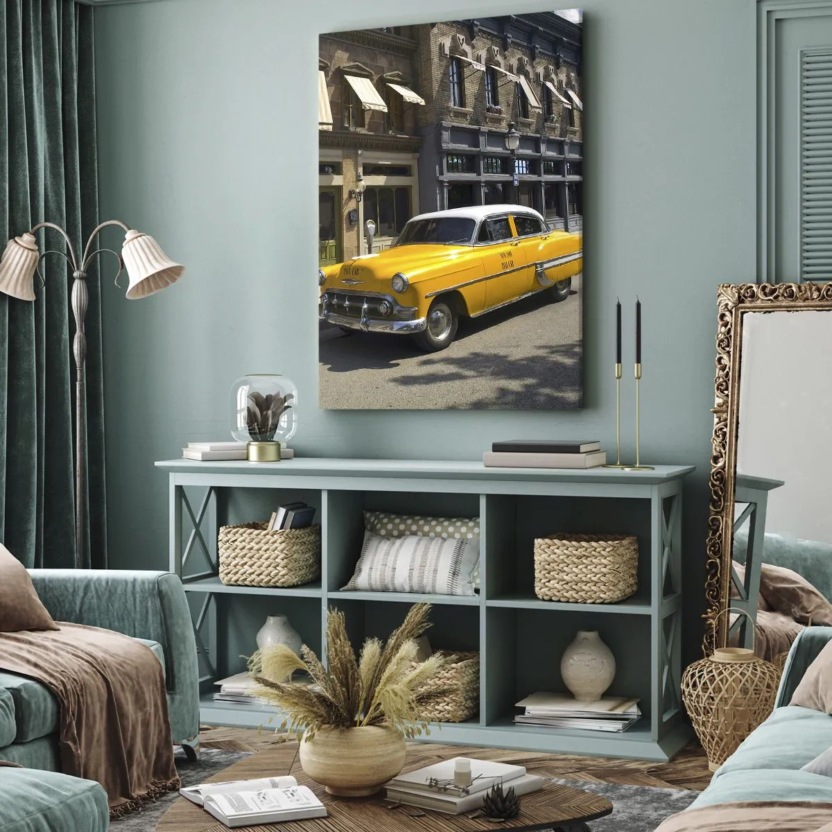Quadro su tela - Stampe su Tela - Un taxi giallo su una strada fiancheggiata da case popolari - 80x120cm - Tanto tempo fa in America - Decorazione murale moderna per soggiorno e camera da letto ARTTOR