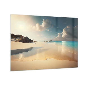 Quadro su vetro - Spiaggia dorata e mare turchese alla luce del sole mattutino - 70x50cm - Giornata ideale - Decorazione murale moderna per soggiorno e camera da letto ARTTOR