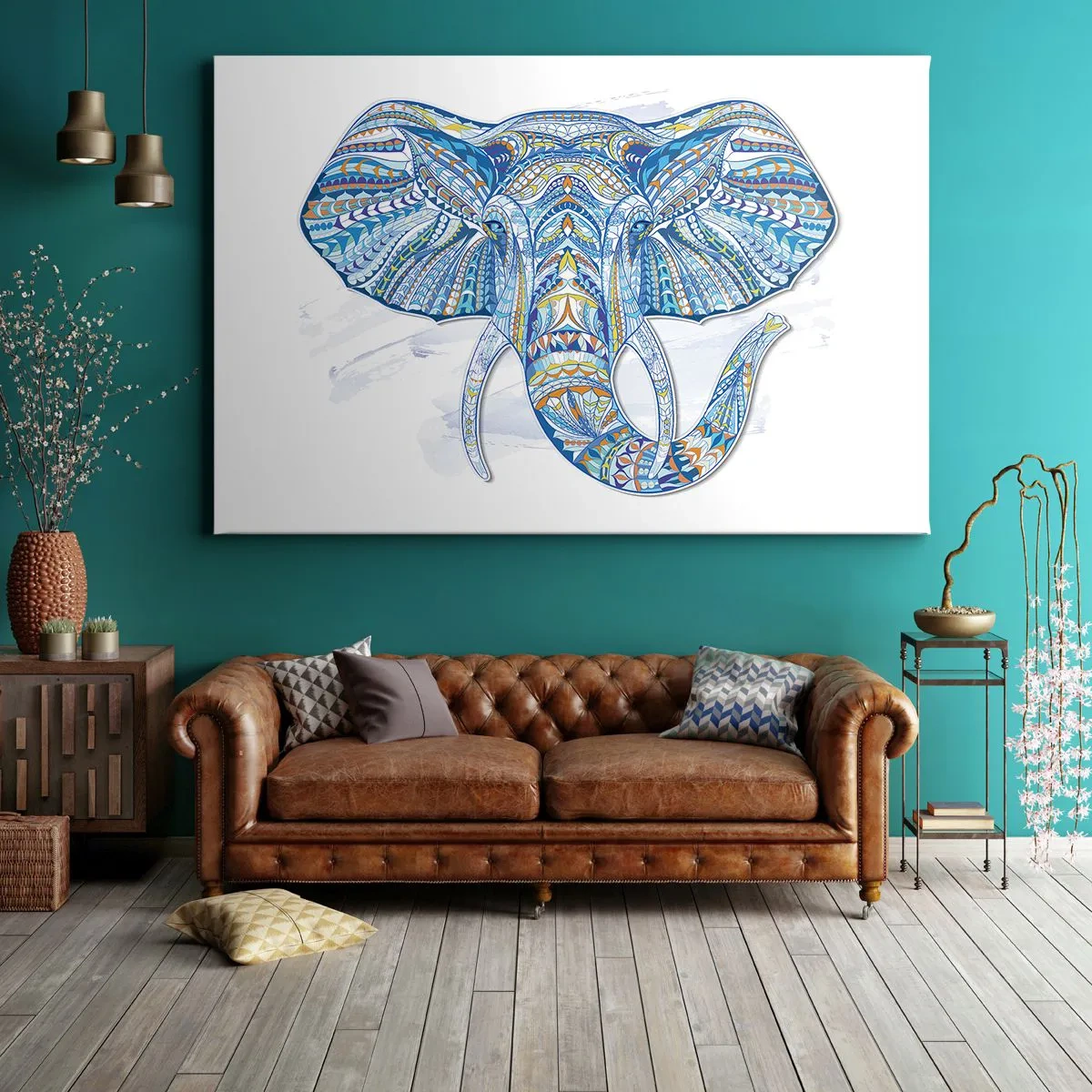 Quadro su tela - Stampe su Tela - Elefante geometrico nei toni del blu e dell'oro - 120x80cm - Intarsiato con oro e blu - Decorazione murale moderna per soggiorno e camera da letto ARTTOR