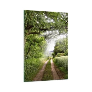 Quadro su vetro - Una strada sterrata tra alberi verdi e luce solare - 70x100cm - Et in Arcadia ego - Decorazione murale moderna per soggiorno e camera da letto ARTTOR