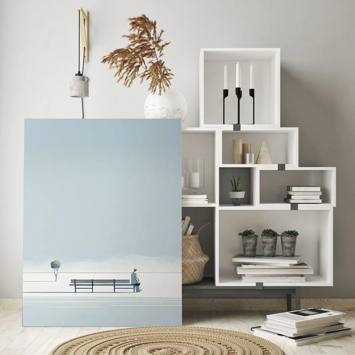 Quadro su vetro - Una persona seduta su una panchina in un paesaggio minimalista - 70x100cm - Si, aspetto. - Decorazione murale moderna per soggiorno e camera da letto ARTTOR