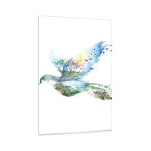 Quadro su vetro - Composizione ad acquerello di un uccello con elementi della natura - 80x120cm - Sulle ali della natura - Decorazione murale moderna per soggiorno e camera da letto ARTTOR