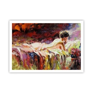 Poster - Una donna sdraiata su un letto su uno sfondo di colori astratti. - 100x70cm - Venere pensierosa - Decorazione murale moderna per soggiorno e camera da letto ARTTOR