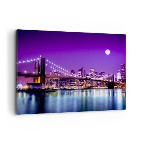 Quadro su tela - Stampe su Tela - Ponte di Brooklyn di notte con la città illuminata e la luna piena - 120x80cm - Luce della grande città in viola - Decorazione murale moderna per soggiorno e camera da letto ARTTOR