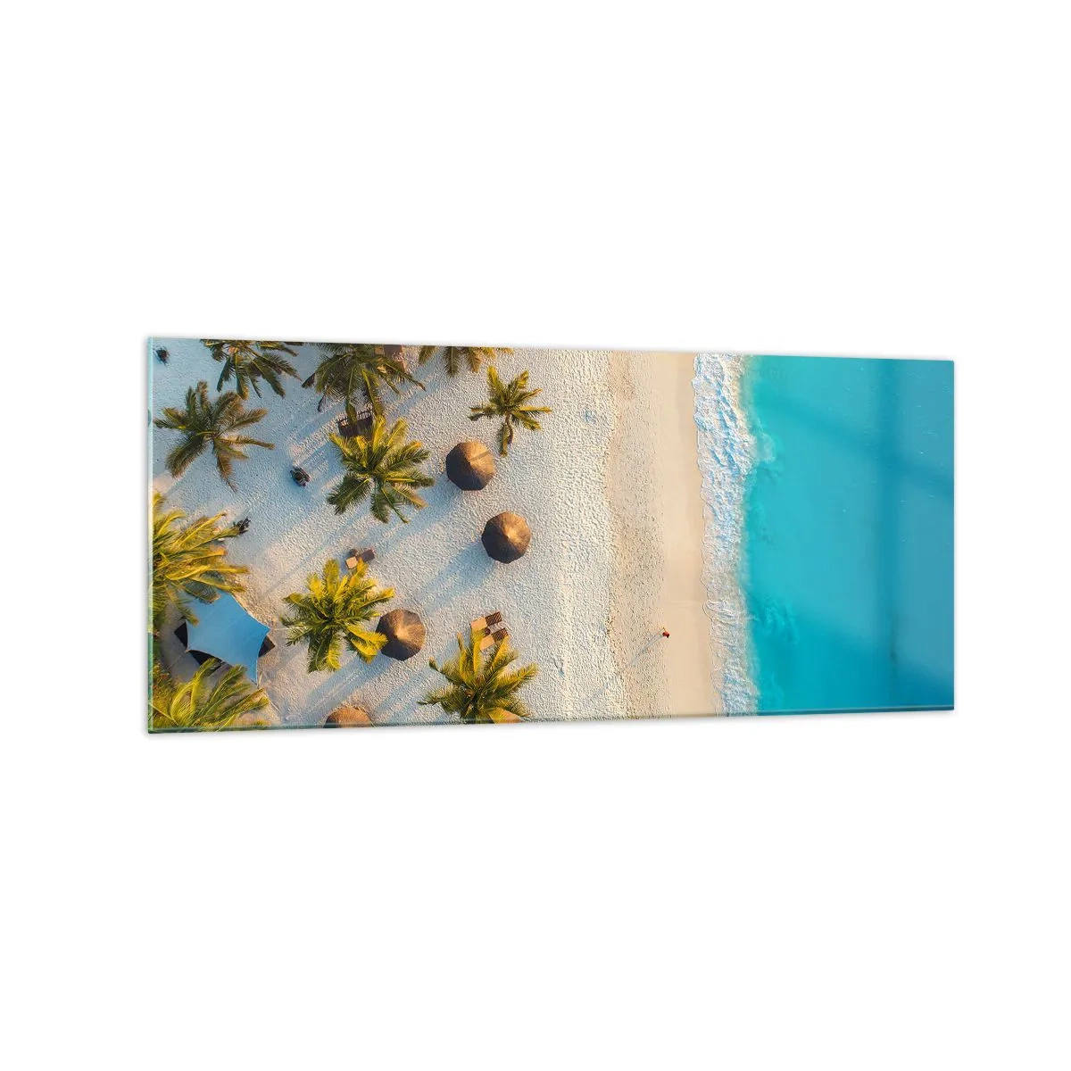 Quadro su vetro - Vista di una spiaggia tropicale con palme e mare turchese - 120x50cm - Benvenuti in paradiso - Decorazione murale moderna per soggiorno e camera da letto ARTTOR