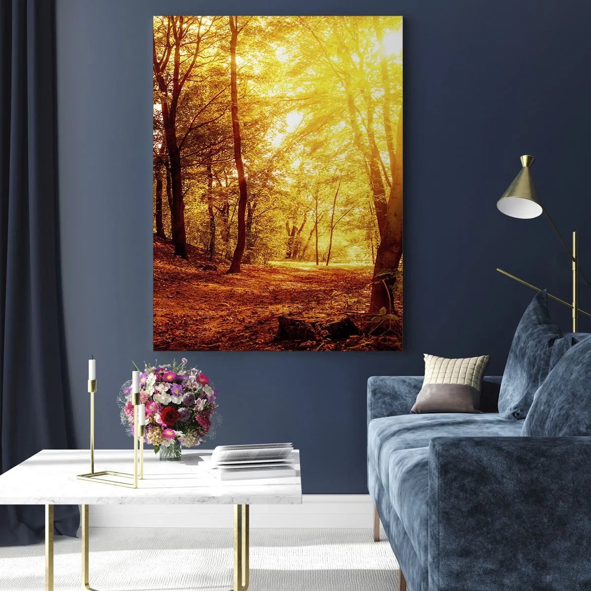 Quadro su vetro - Radura autunnale alla luce dorata del sole con un sentiero nel bosco - 70x100cm - Verso la radura dorata - Decorazione murale moderna per soggiorno e camera da letto ARTTOR
