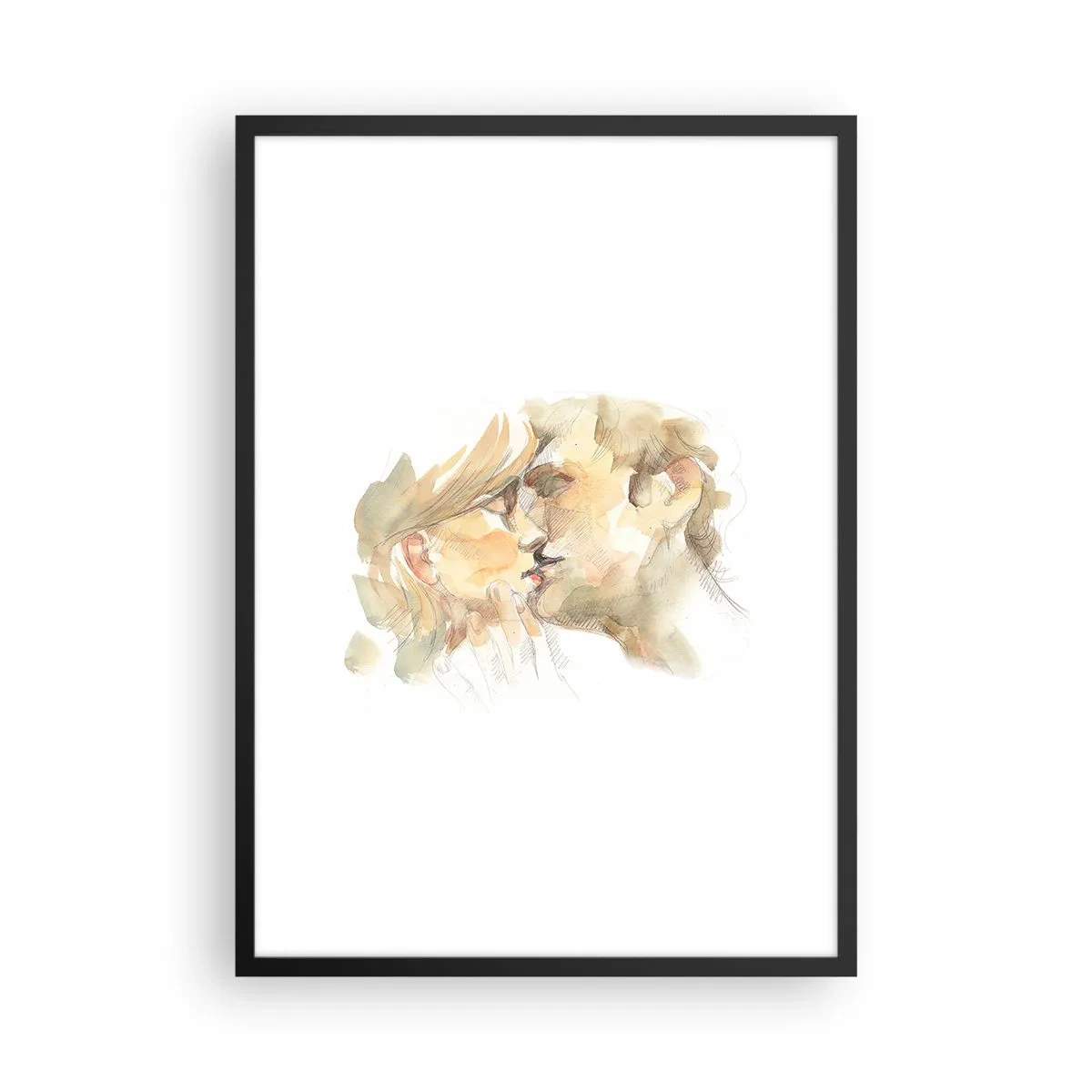 Poster in cornice nera - Un delicato ritratto ad acquerello di una coppia che si bacia teneramente. - 50x70cm - Sarà l'anima gemella? - Decorazione murale moderna per soggiorno e camera da letto ARTTOR