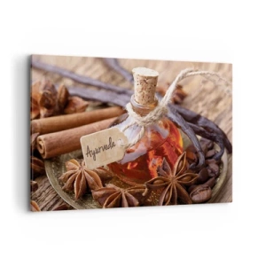 Quadro su tela - Stampe su Tela - Una bottiglia di olio speziato su un vassoio - 120x80cm - Verso l'unità del corpo e dell'anima - Decorazione murale moderna per soggiorno e camera da letto ARTTOR