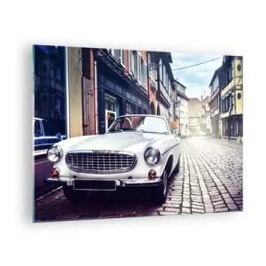 Quadro su vetro - Un'auto classica bianca sullo sfondo di edifici storici - 70x50cm - Il passato è oggi - Decorazione murale moderna per soggiorno e camera da letto ARTTOR