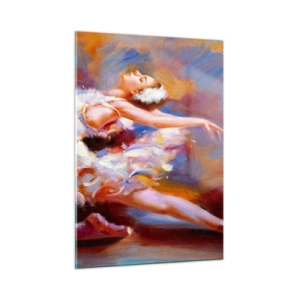 Quadro su vetro - Una ballerina in posa dinamica su uno sfondo di colori astratti. - 50x70cm - La grazia dei cigni - Decorazione murale moderna per soggiorno e camera da letto ARTTOR