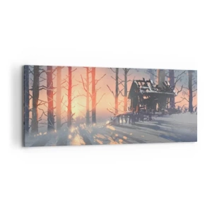 Quadro su tela - Stampe su Tela - Una casetta nel bosco in un paesaggio invernale con i raggi del sole al tramonto - 120x50cm - Qui solamente il sole osserva - Decorazione murale moderna per soggiorno e camera da letto ARTTOR