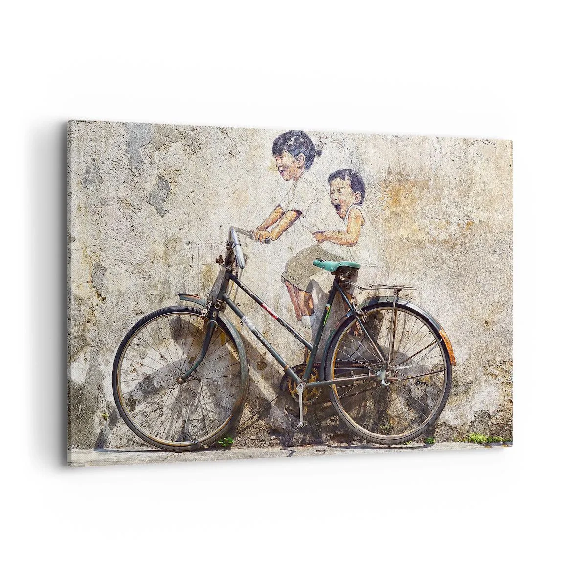 Quadro su tela - Stampe su Tela - Street art con una bicicletta e disegni di bambini sul muro - 120x80cm - Vero o falso? - Decorazione murale moderna per soggiorno e camera da letto ARTTOR