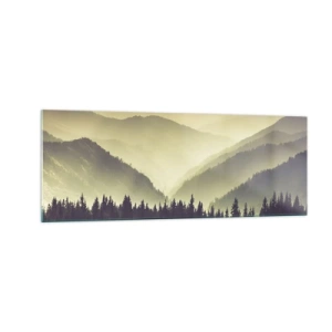 Quadro su vetro - Pittoresche catene montuose avvolte nella nebbia in una luce calda - 140x50cm - Dopo sette montagne… - Decorazione murale moderna per soggiorno e camera da letto ARTTOR