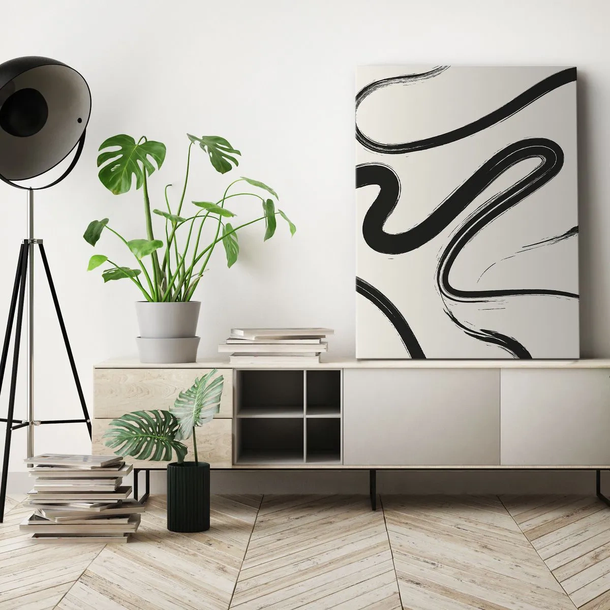 Quadro su tela - Stampe su Tela - Linee curve in bianco e nero su uno sfondo chiaro - 50x70cm - Capriccio bianco e nero - Decorazione murale moderna per soggiorno e camera da letto ARTTOR