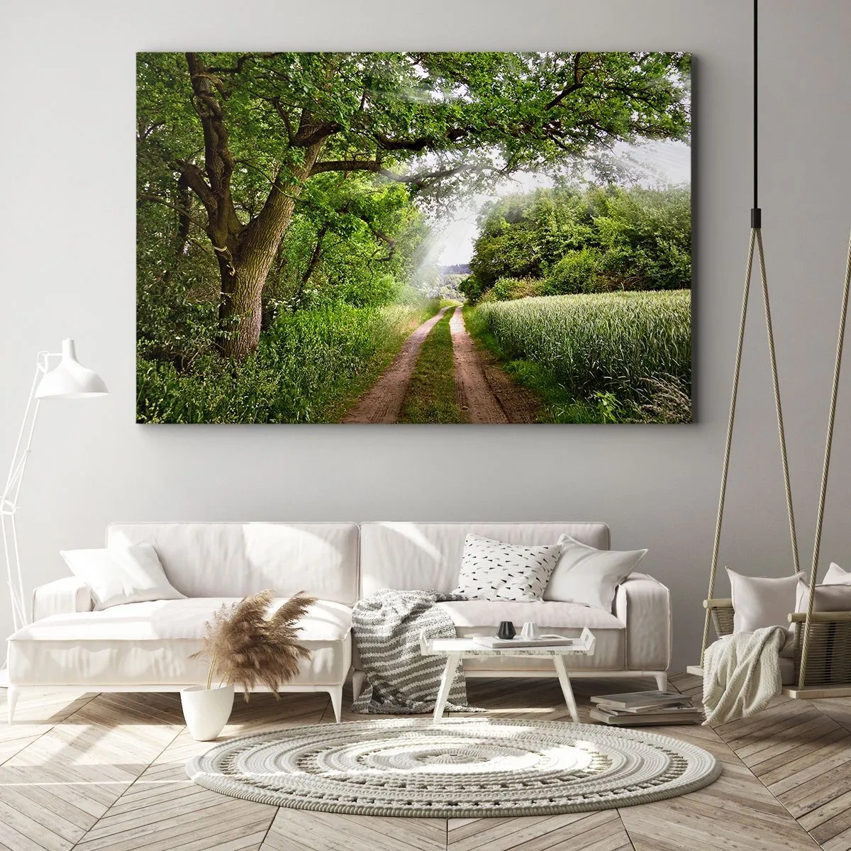 Quadro su tela - Stampe su Tela - Una strada sterrata tra alberi verdi e luce solare - 120x80cm - Et in Arcadia ego - Decorazione murale moderna per soggiorno e camera da letto ARTTOR