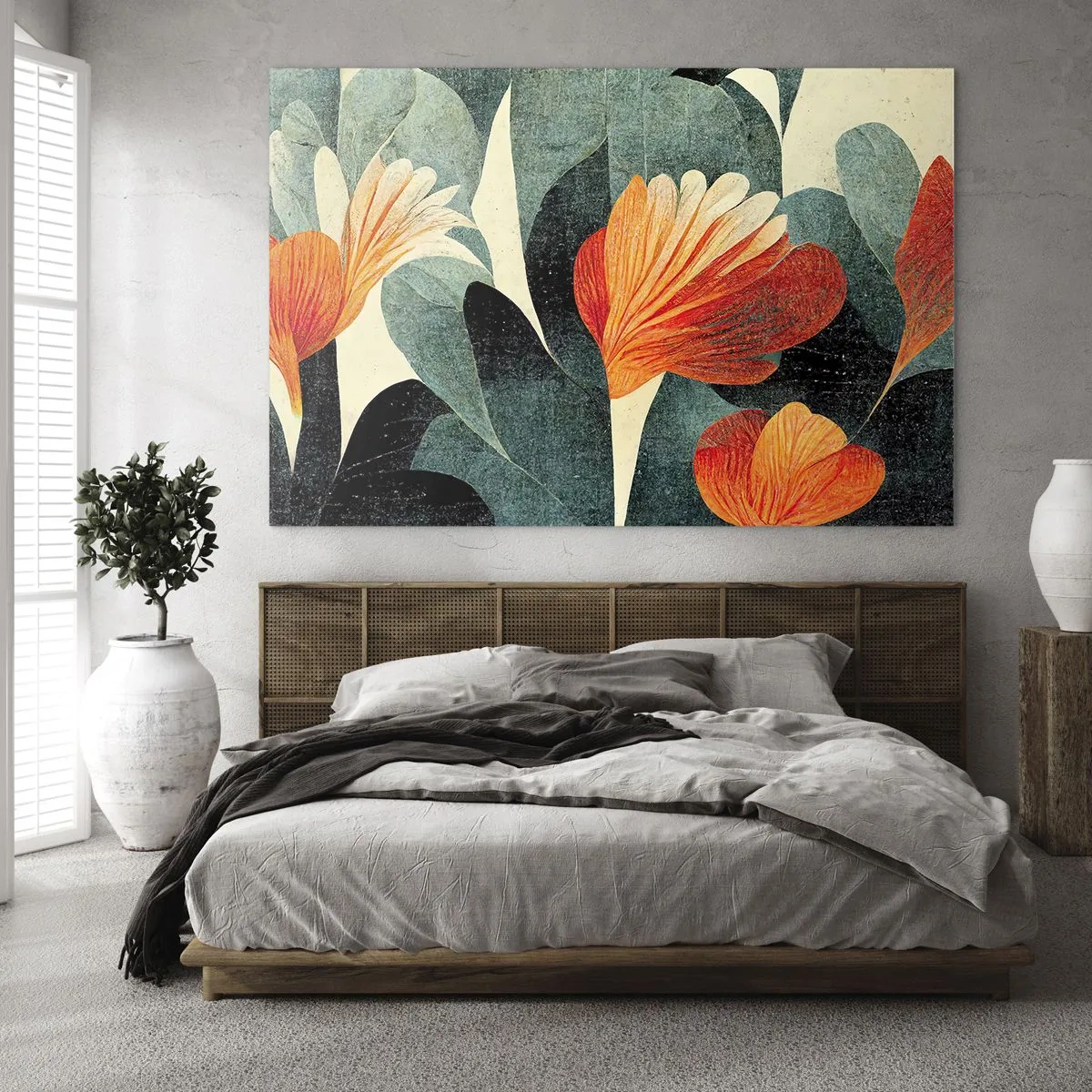 Quadro su vetro - Fiori arancioni su uno sfondo di foglie verde scuro - 70x50cm - Caldo dei tropici e fresco del verde - Decorazione murale moderna per soggiorno e camera da letto ARTTOR