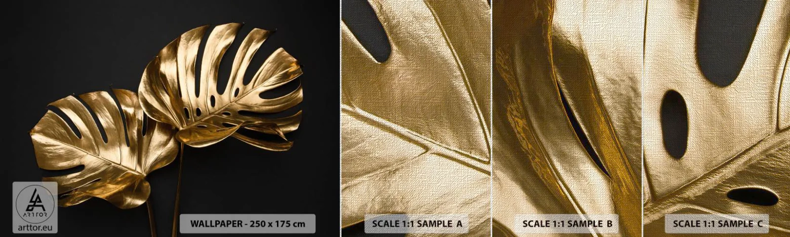 Campione di Fotomurale Premium Canvas - I tesori della natura - Astrazione, Foglie dorate, Foglia di Monstera - 100x30 cm