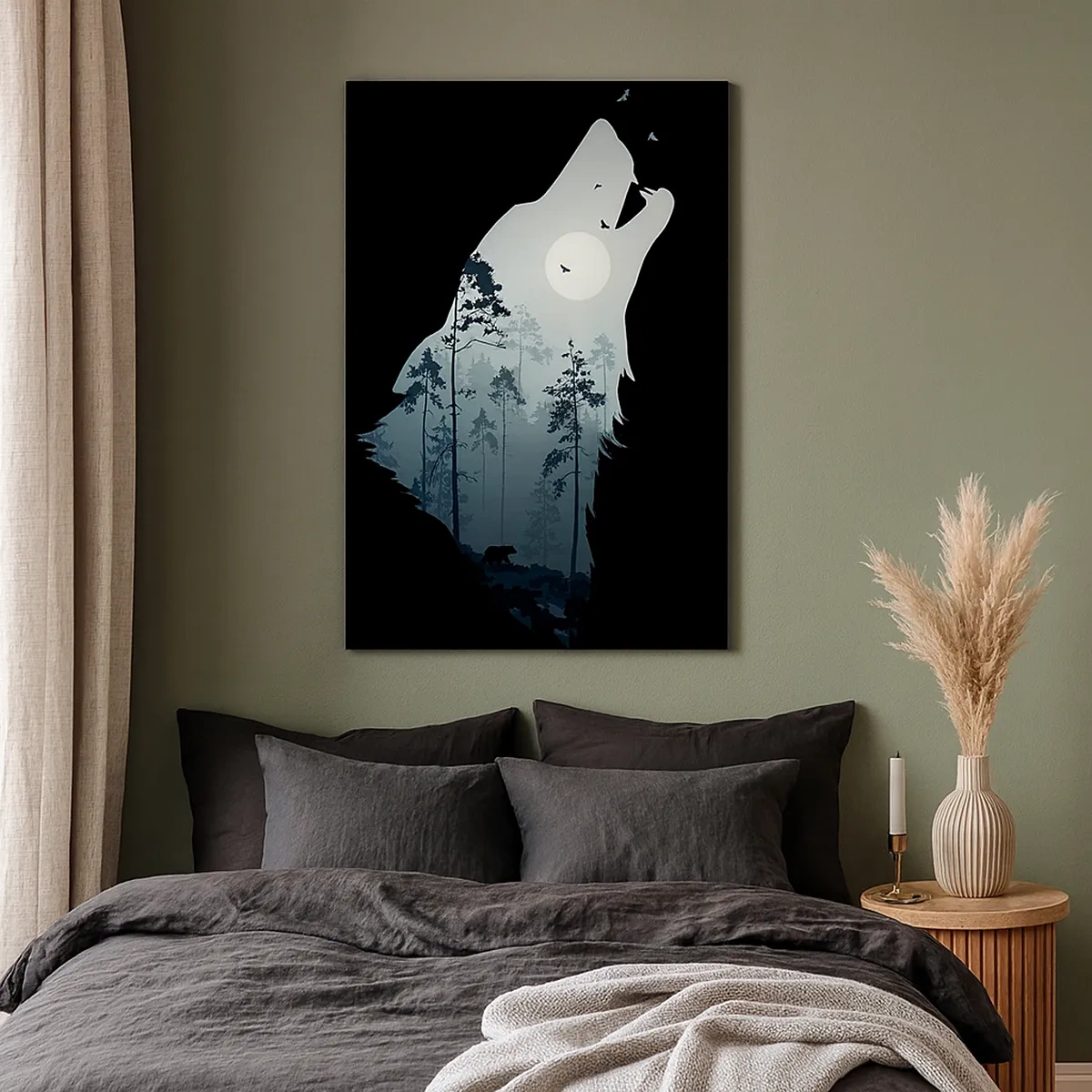 Quadro su tela - Stampe su Tela - Silhouette di un lupo con una foresta e la luna sullo sfondo - 50x70cm - Voce di una notte boschiva - Decorazione murale moderna per soggiorno e camera da letto ARTTOR