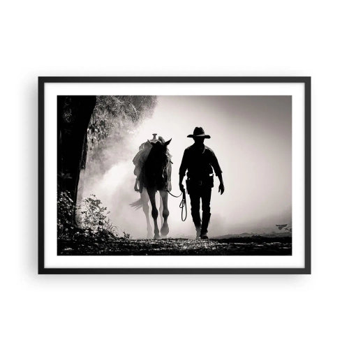 Poster in cornice nera - Cowboy con cavallo nella nebbia mattutina - 70x50cm - Mattino texano - Decorazione murale moderna per soggiorno e camera da letto ARTTOR