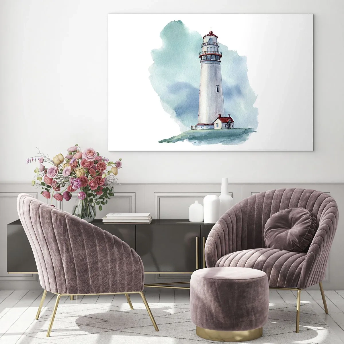 Quadro su vetro - Un faro contro un cielo blu acquerello - 70x50cm - Il mite amico del blu - Decorazione murale moderna per soggiorno e camera da letto ARTTOR