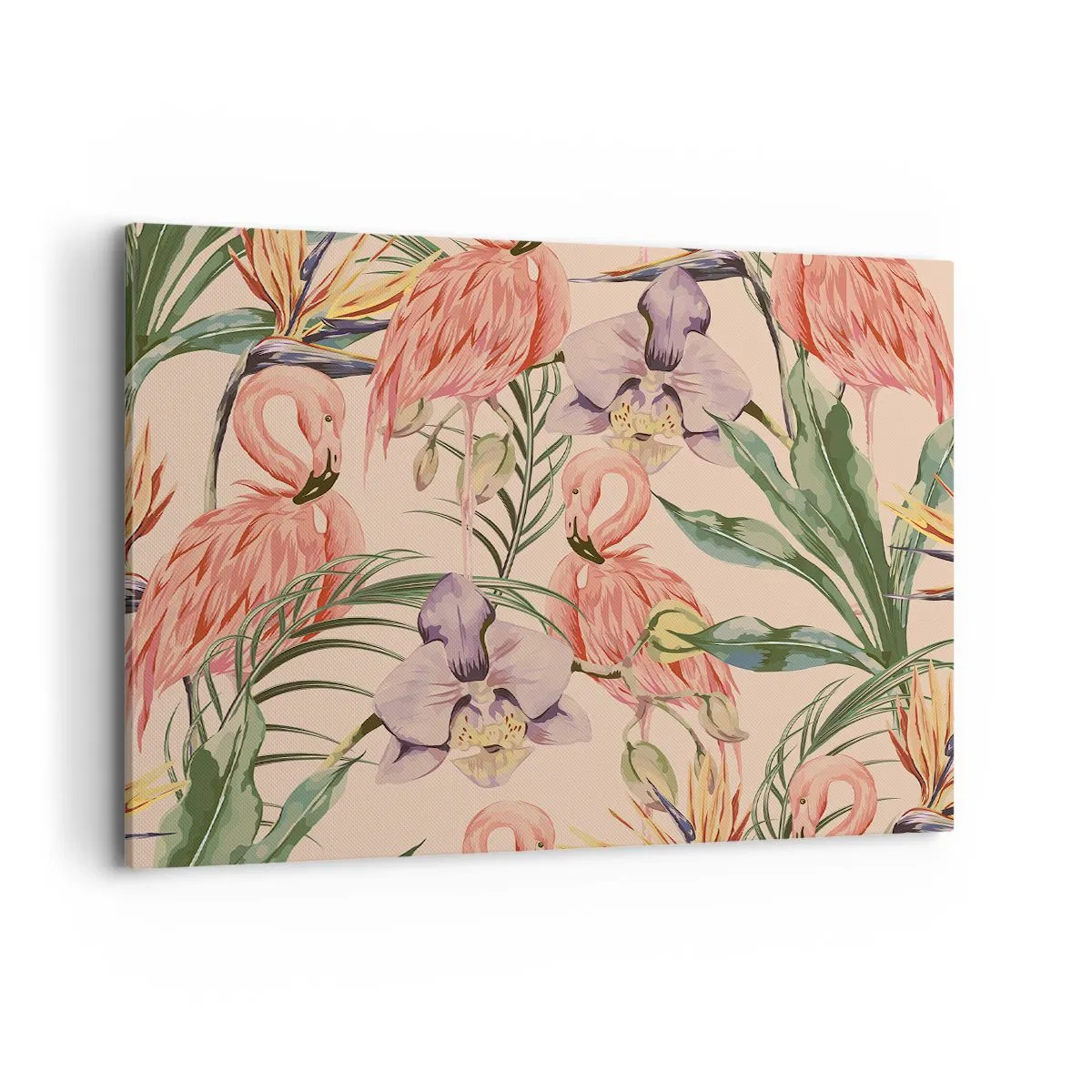 Quadro su tela - Stampe su Tela - Fenicotteri e fiori tropicali su uno sfondo chiaro - 100x70cm - Un ballo rosa nei fiori - Decorazione murale moderna per soggiorno e camera da letto ARTTOR