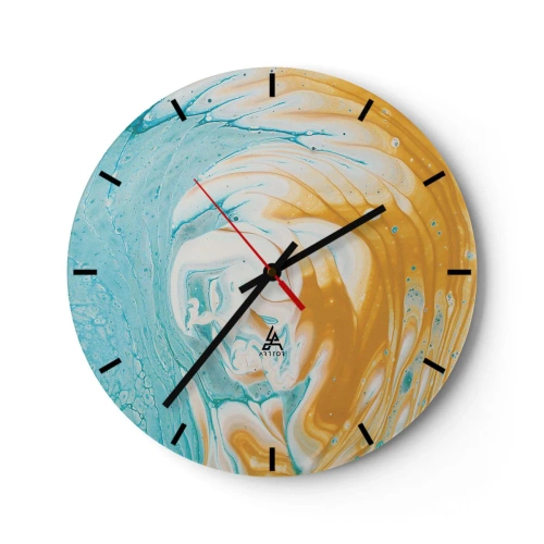 Orologio da parete - Orologio in Vetro - Un vortice astratto nelle tonalità del blu, del bianco e dell'arancione. - 30x30cm - Vortice pastello - Decorazione murale moderna per soggiorno, cucina e camera da letto ARTTOR