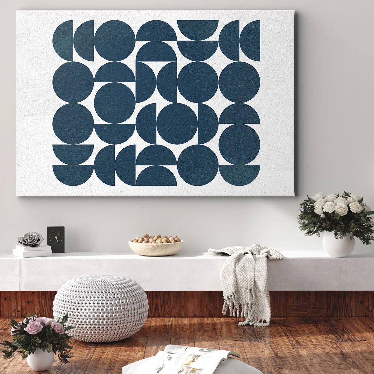 Quadro su tela - Stampe su Tela - Forme geometriche nei toni del blu navy su sfondo bianco - 70x50cm - Cerchi e semicerchi - Decorazione murale moderna per soggiorno e camera da letto ARTTOR