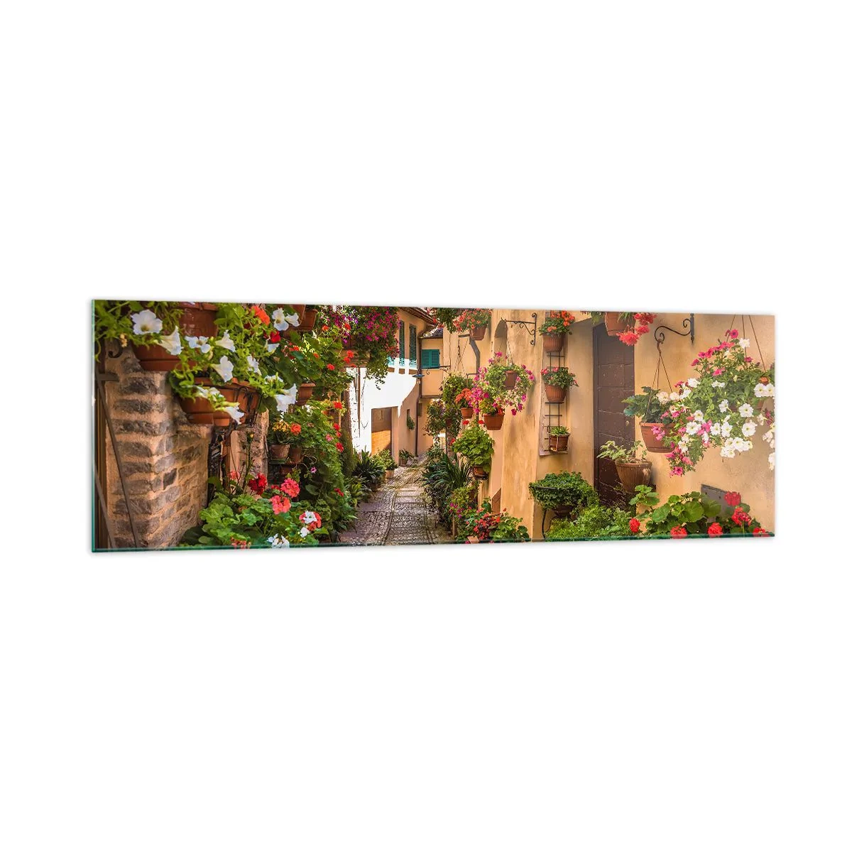 Quadro su vetro - Una strada affascinante piena di fiori e vasi di fiori - 160x50cm - Angolo italiano - Decorazione murale moderna per soggiorno e camera da letto ARTTOR