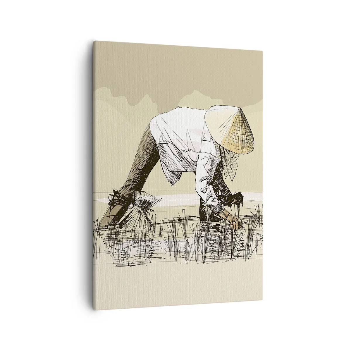 Quadro su tela - Stampe su Tela - Contadini che lavorano in una risaia indossando copricapi tradizionali - 50x70cm - Buon raccolto - Decorazione murale moderna per soggiorno e camera da letto ARTTOR